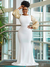 Solid Color Glitter Long Puff Sleeve Fishtail Maxi Dress